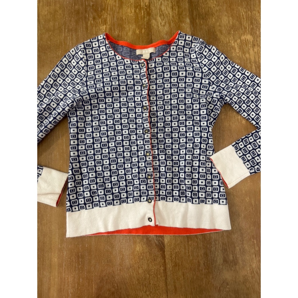 Banana Republic Cardigan Sweater XS Navy Orange Geometric Square Print Cotton